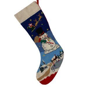Handmade Christmas Needlepoint Christmas Stocking Snowman Flying Santa Red Blue